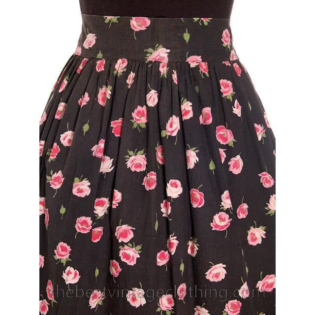 Vintage 1940s Cotton Skirt Pink Roses Print on Black M