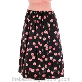 Vintage 1940s Cotton Skirt Pink Roses Print on Black M