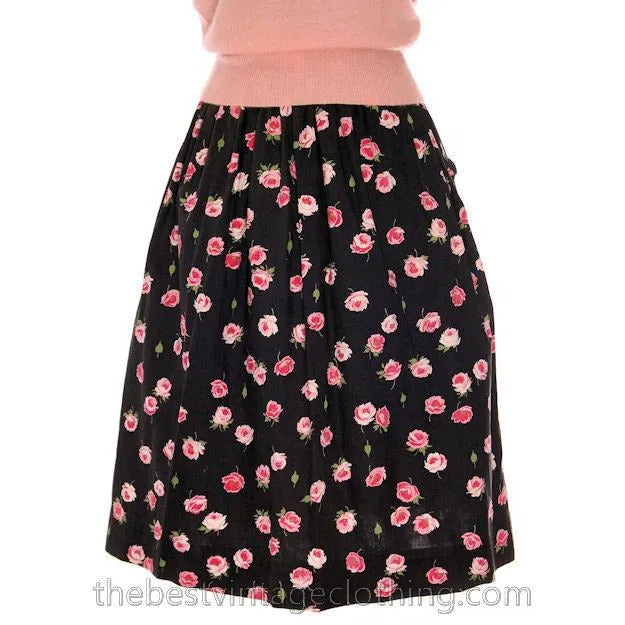 Vintage 1940s Cotton Skirt Pink Roses Print on Black M