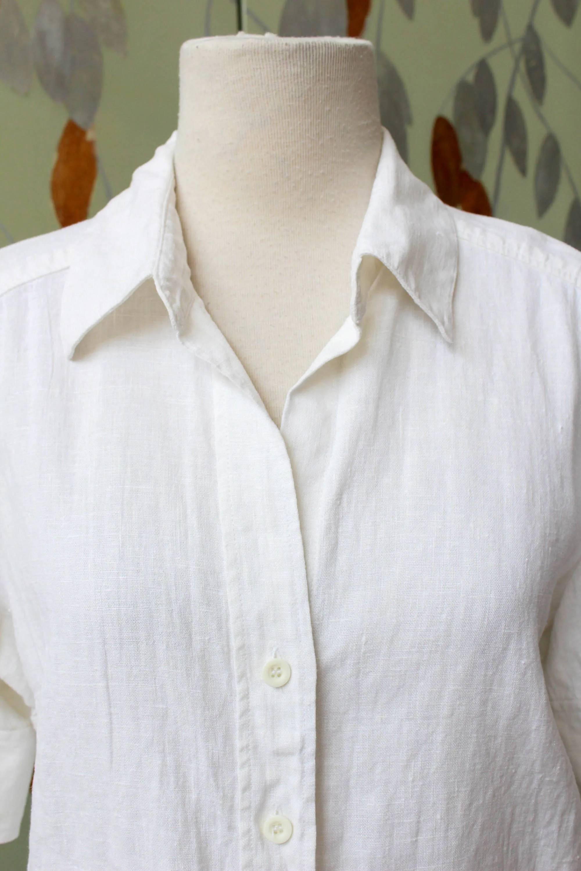 Vintage 1980s White Linen Button Up Collared Blouse, Medium