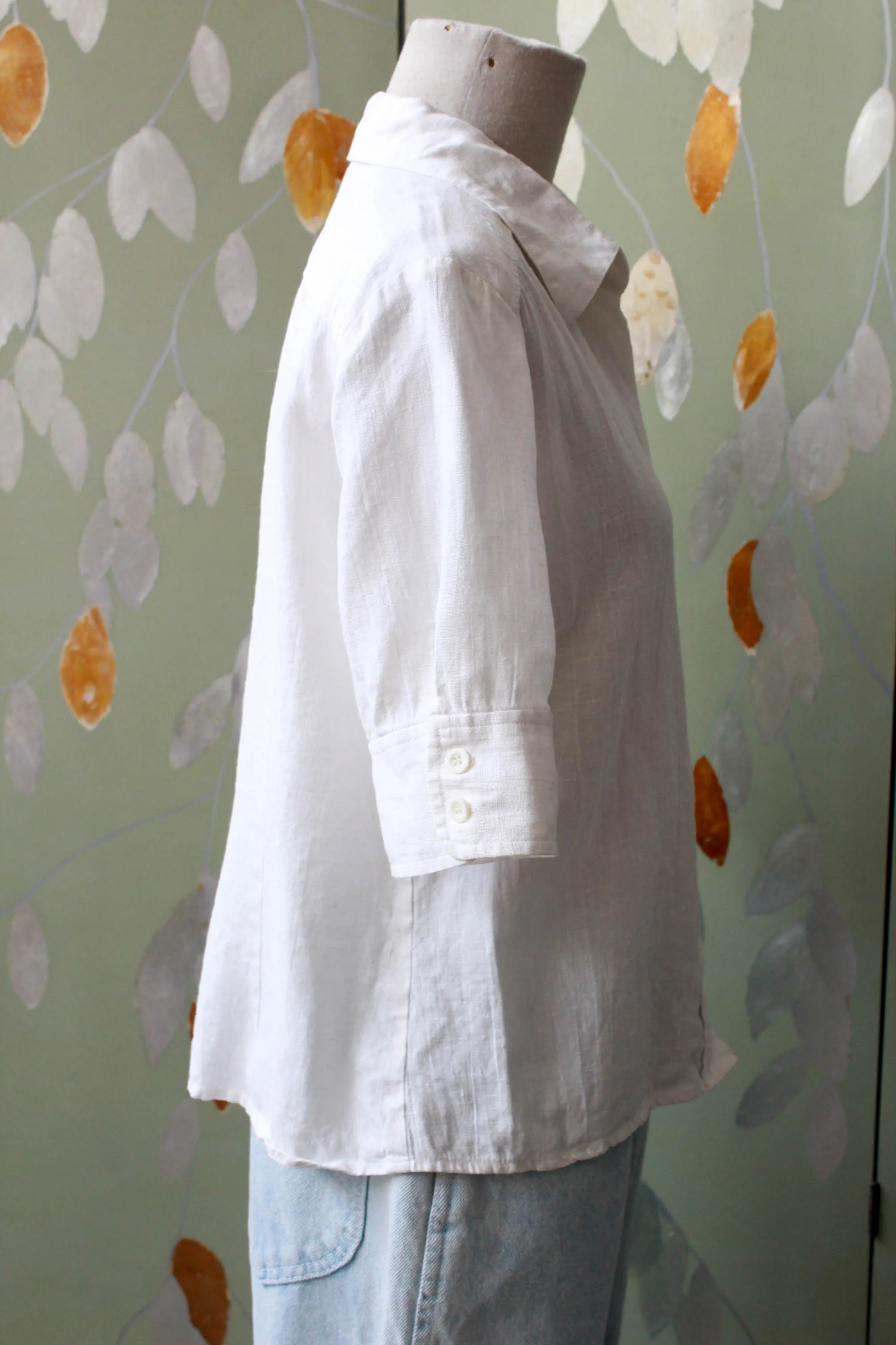 Vintage 1980s White Linen Button Up Collared Blouse, Medium