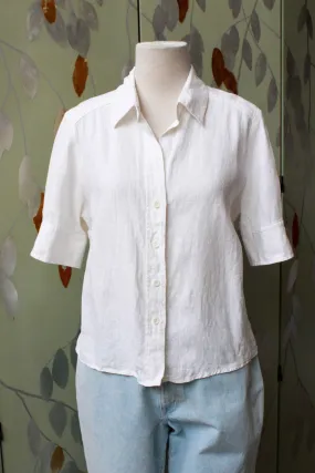 Vintage 1980s White Linen Button Up Collared Blouse, Medium