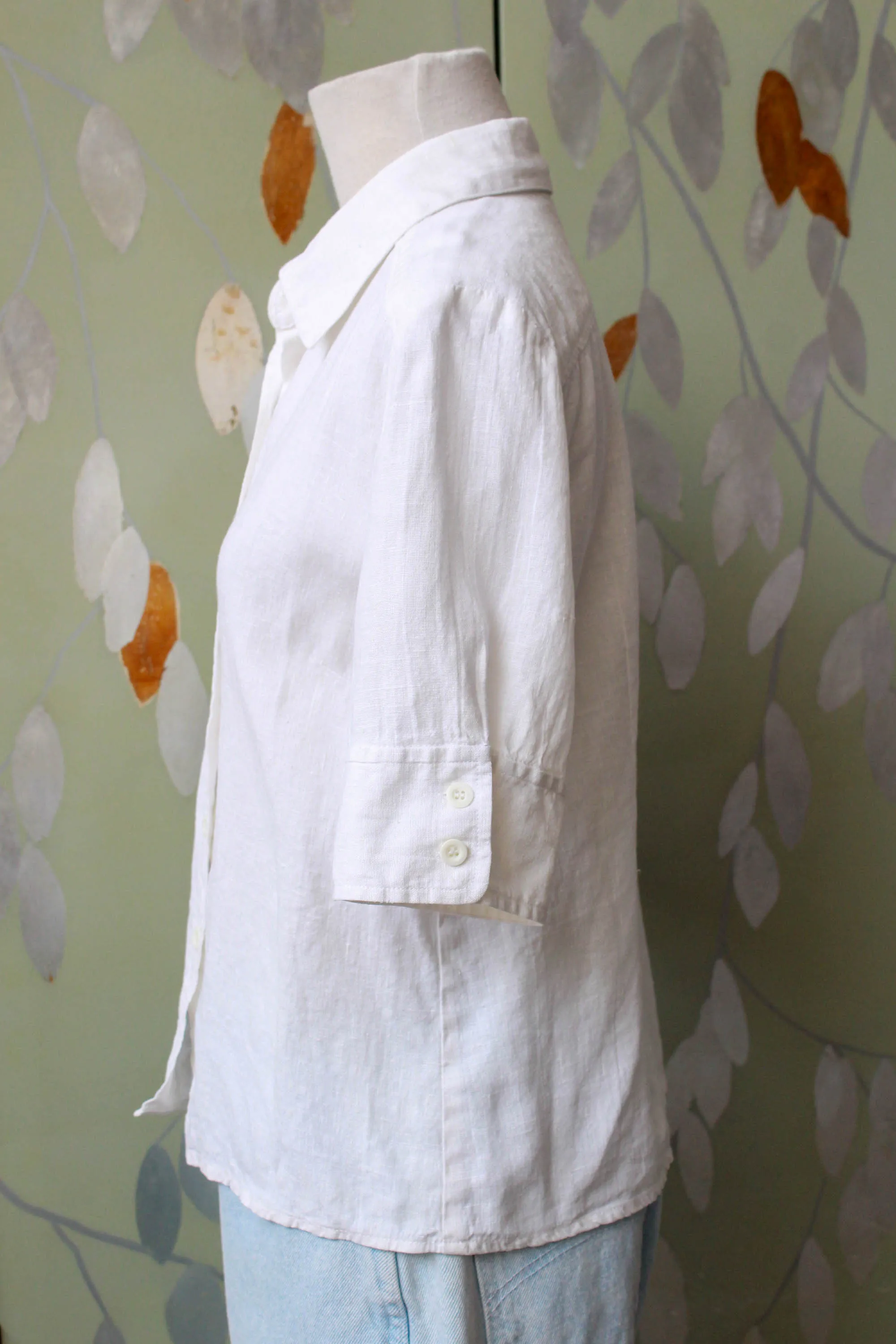 Vintage 1980s White Linen Button Up Collared Blouse, Medium