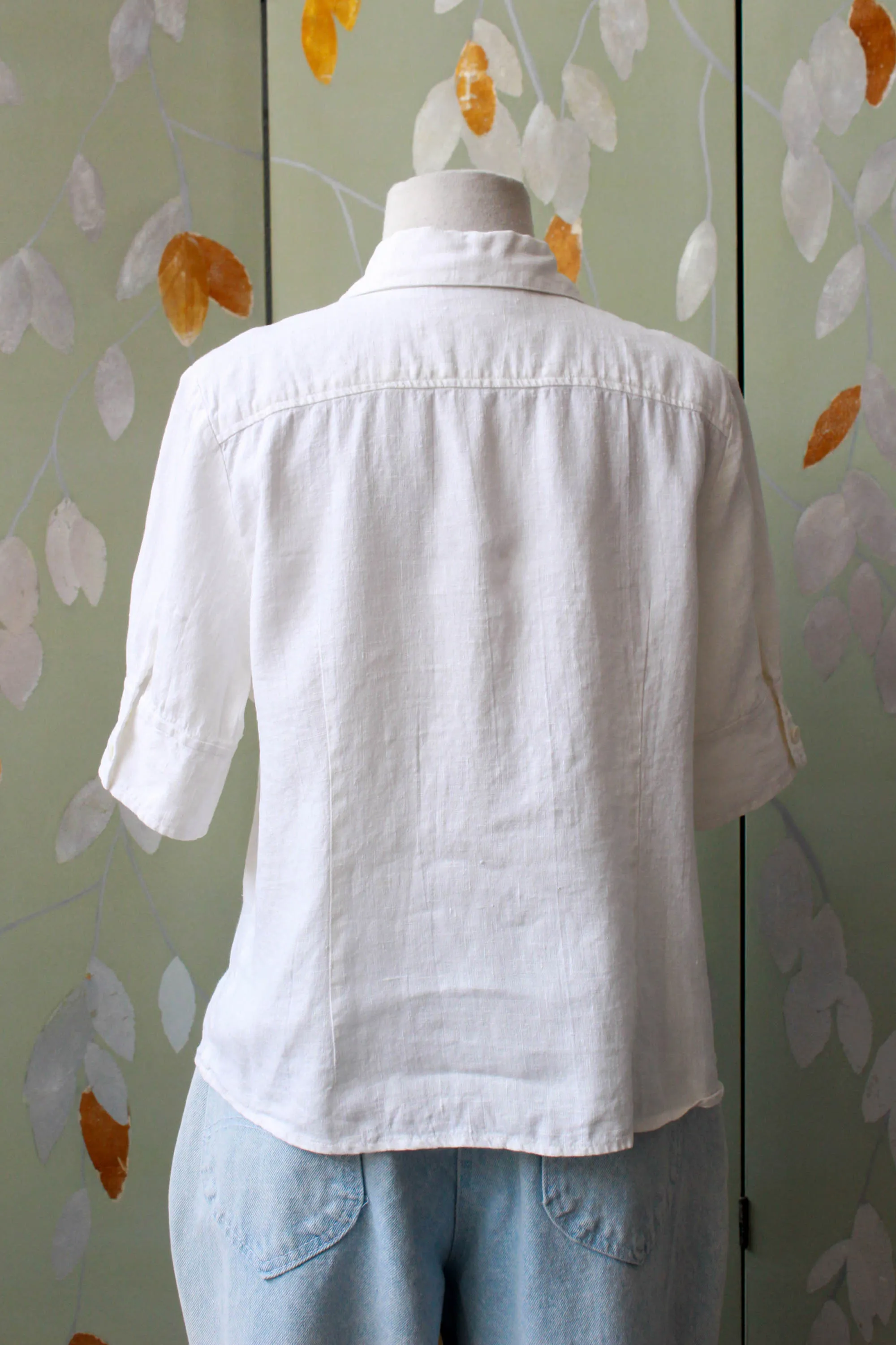 Vintage 1980s White Linen Button Up Collared Blouse, Medium