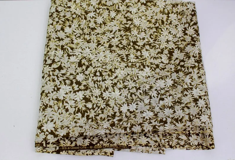 Vintage 50s Brown & Cream Floral Print Silk Fabric, 2  yrd