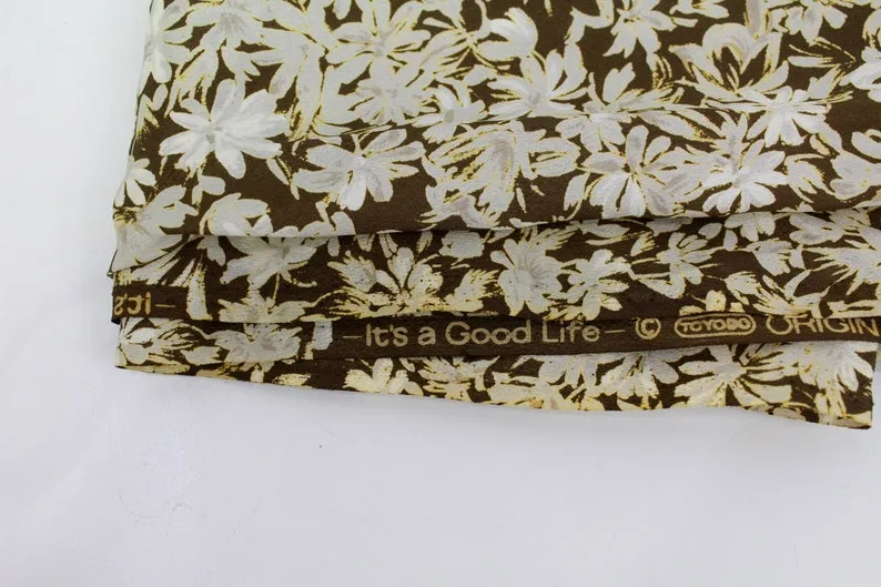 Vintage 50s Brown & Cream Floral Print Silk Fabric, 2  yrd