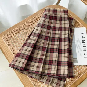 Vintage khaki wine plaid pleated skirt