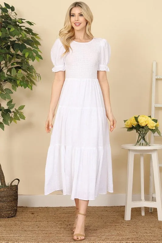 White Cotton Smocked Fit-And-Flare Tiered Maxi Dress