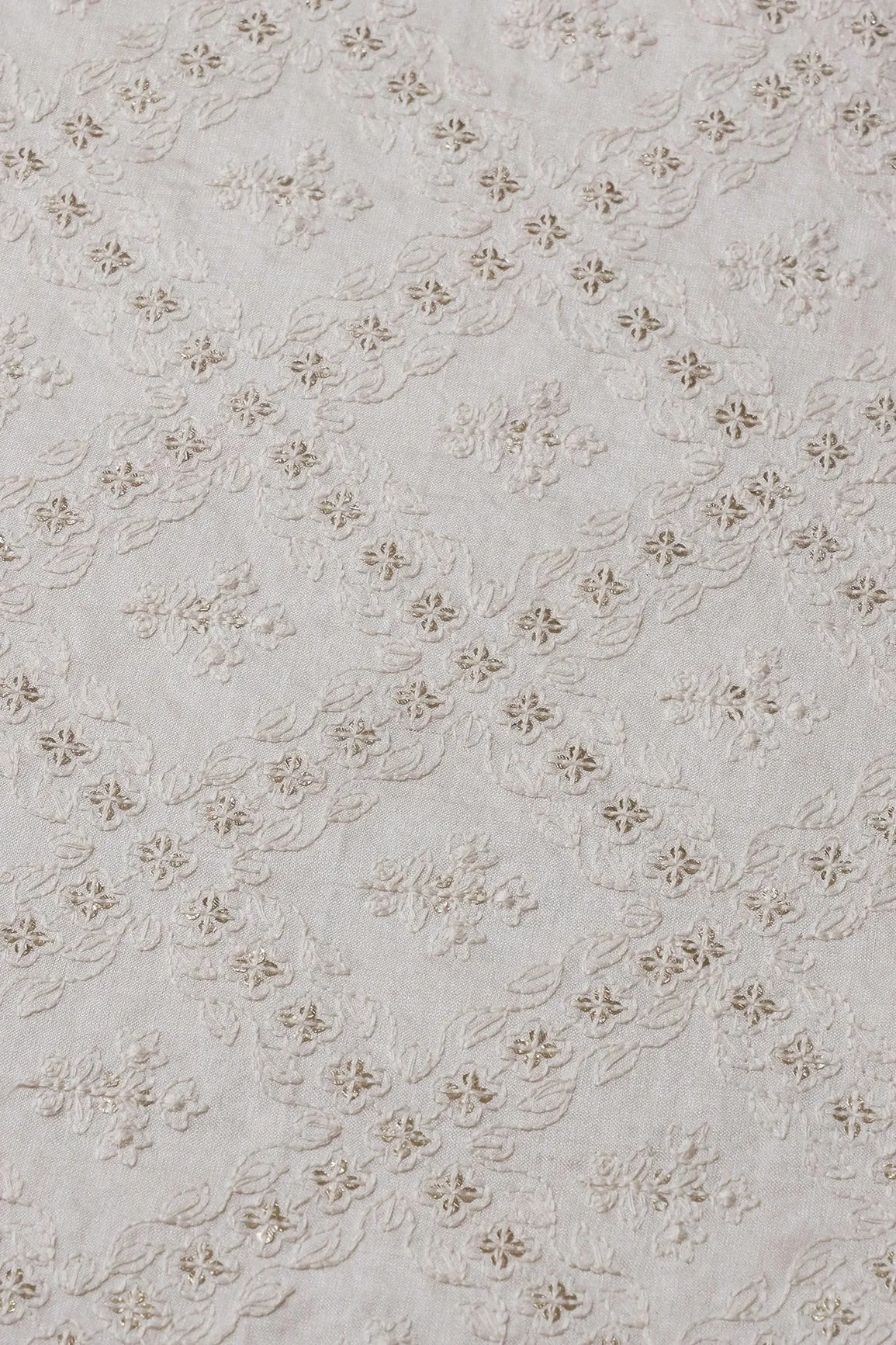 White Thread With Gold Sequins Checks Embroidery On Off White Pure Silk Satin Fabric