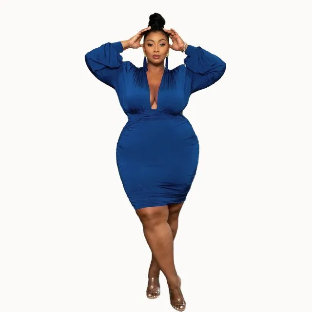 Women Sexy Plus Size Dress Deep V Collar High Waist Solid Color Long Sleeve Evening Dresses Fashion Clothing Wholesale