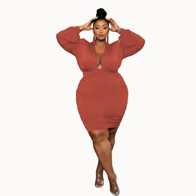 Women Sexy Plus Size Dress Deep V Collar High Waist Solid Color Long Sleeve Evening Dresses Fashion Clothing Wholesale