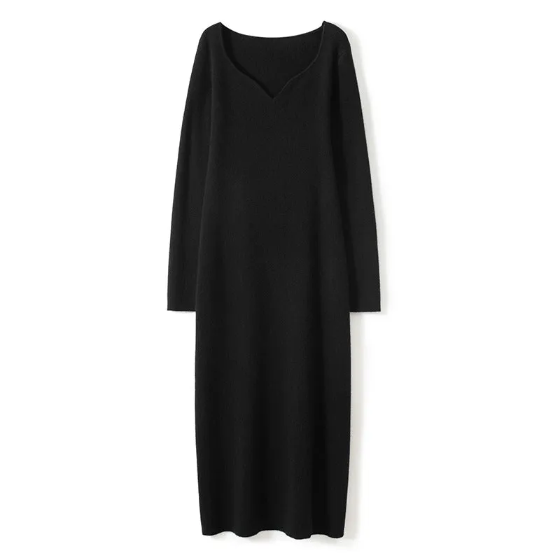 Women's Cashmere Dresses Long V Neck Cashmere Sweather Dresses