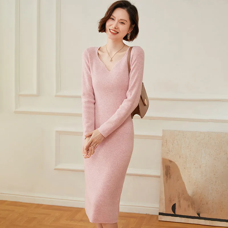 Women's Cashmere Dresses Long V Neck Cashmere Sweather Dresses