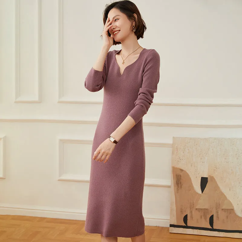 Women's Cashmere Dresses Long V Neck Cashmere Sweather Dresses