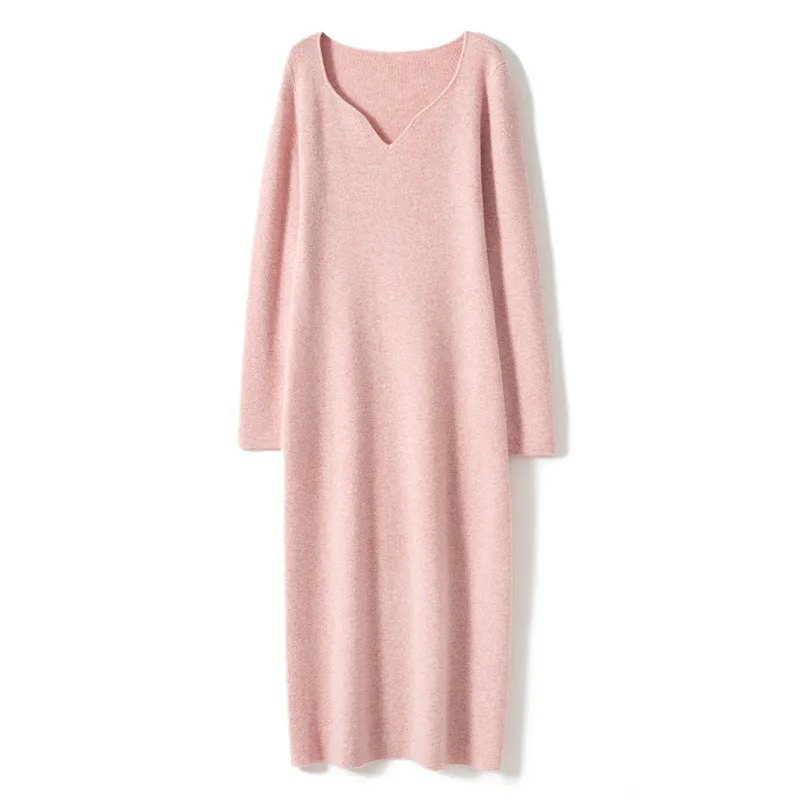 Women's Cashmere Dresses Long V Neck Cashmere Sweather Dresses