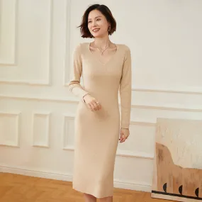 Women's Cashmere Dresses Long V Neck Cashmere Sweather Dresses