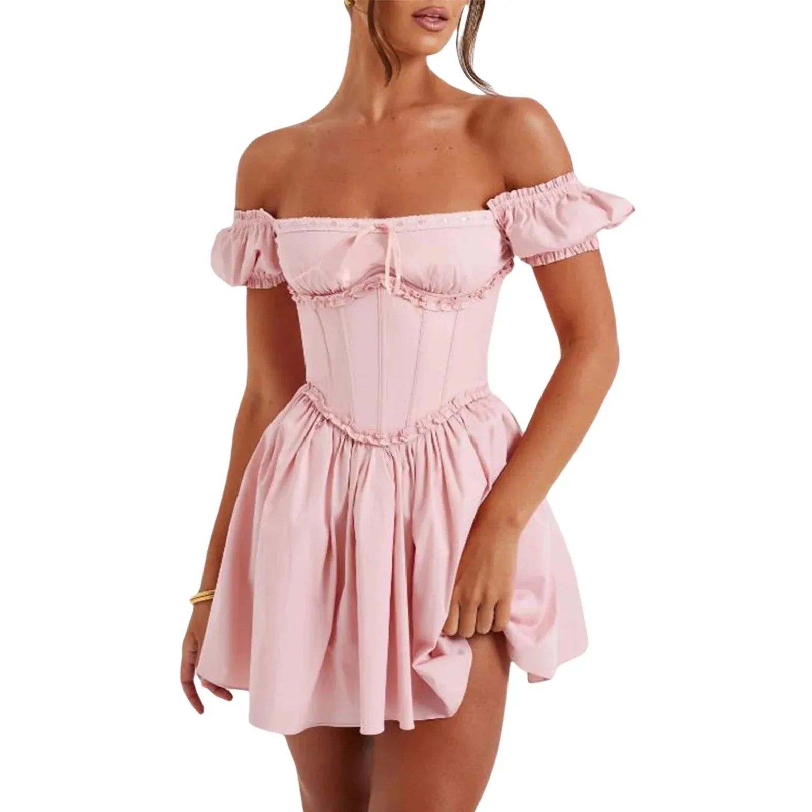 Women's Lace-Up Back Fit & Flare Milkmaid Corset Dress