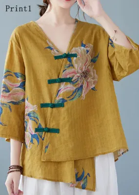 Yellow Button Shirt Tops Asymmetrical Half Sleeve