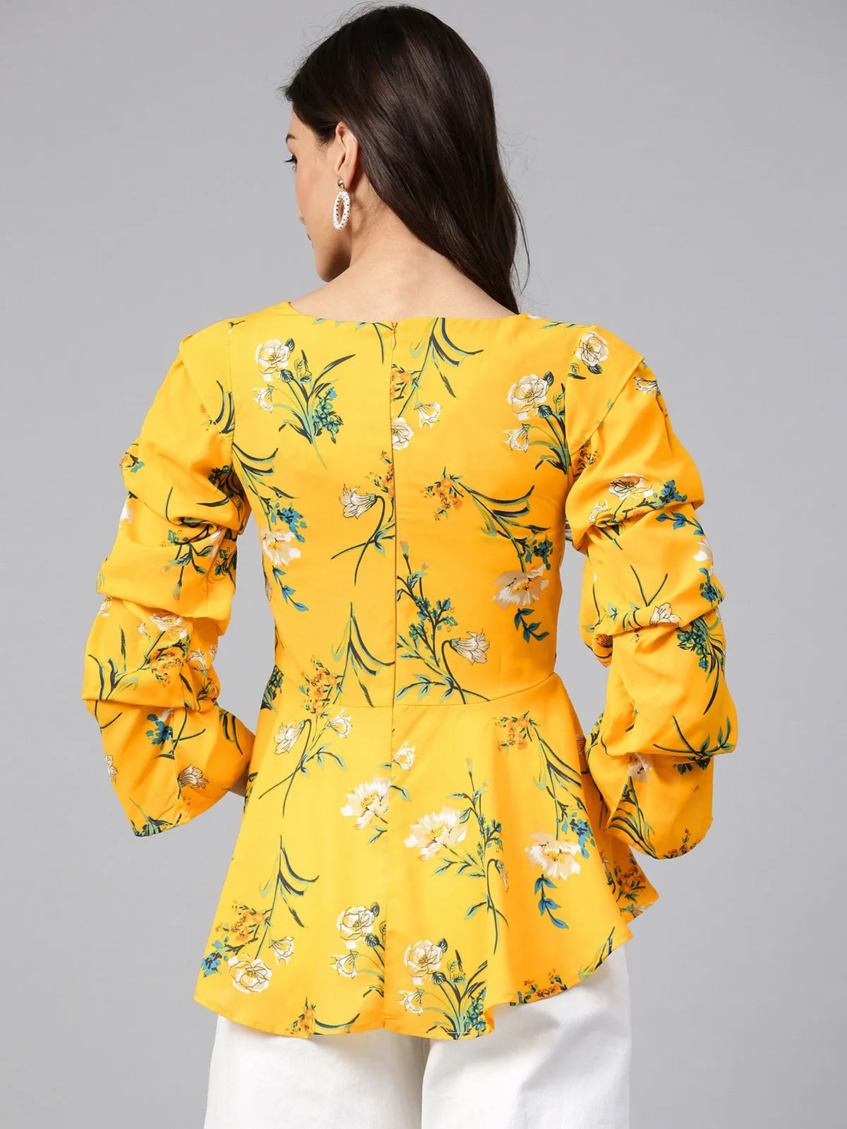 Yellow Floral Printed Peplum Top