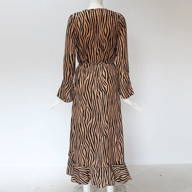 Zebra Print Beach Bohemian Maxi Dress Long Sleeve V Neck Ruffles Elegant Vestidos