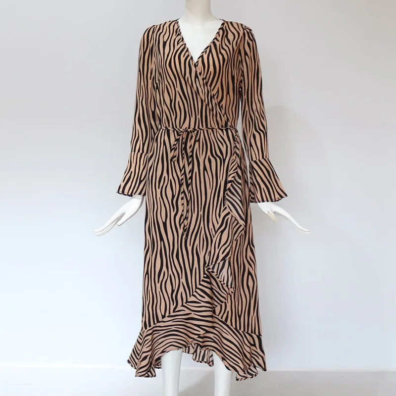 Zebra Print Beach Bohemian Maxi Dress Long Sleeve V Neck Ruffles Elegant Vestidos