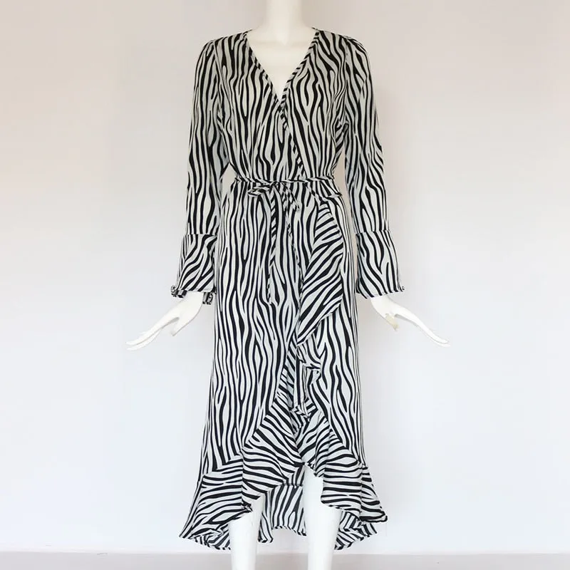 Zebra Print Beach Bohemian Maxi Dress Long Sleeve V Neck Ruffles Elegant Vestidos