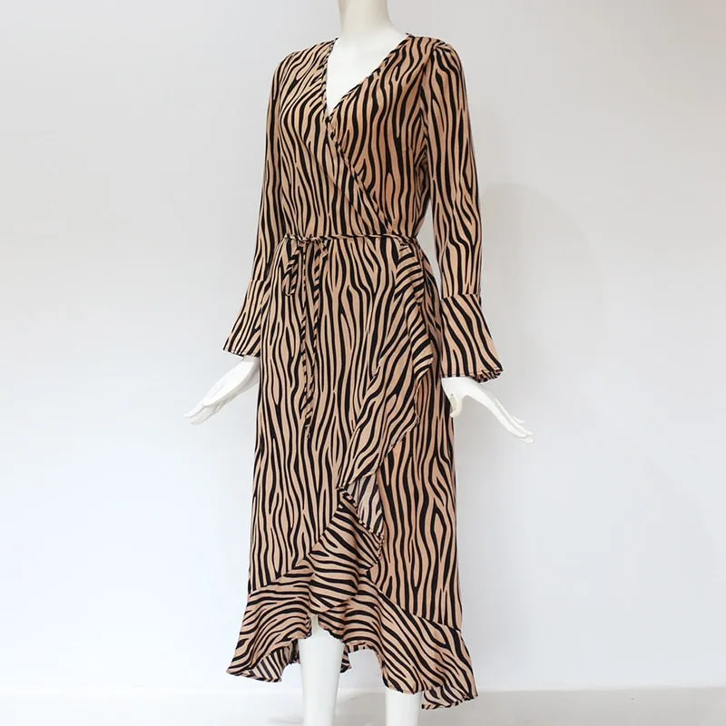 Zebra Print Beach Bohemian Maxi Dress Long Sleeve V Neck Ruffles Elegant Vestidos