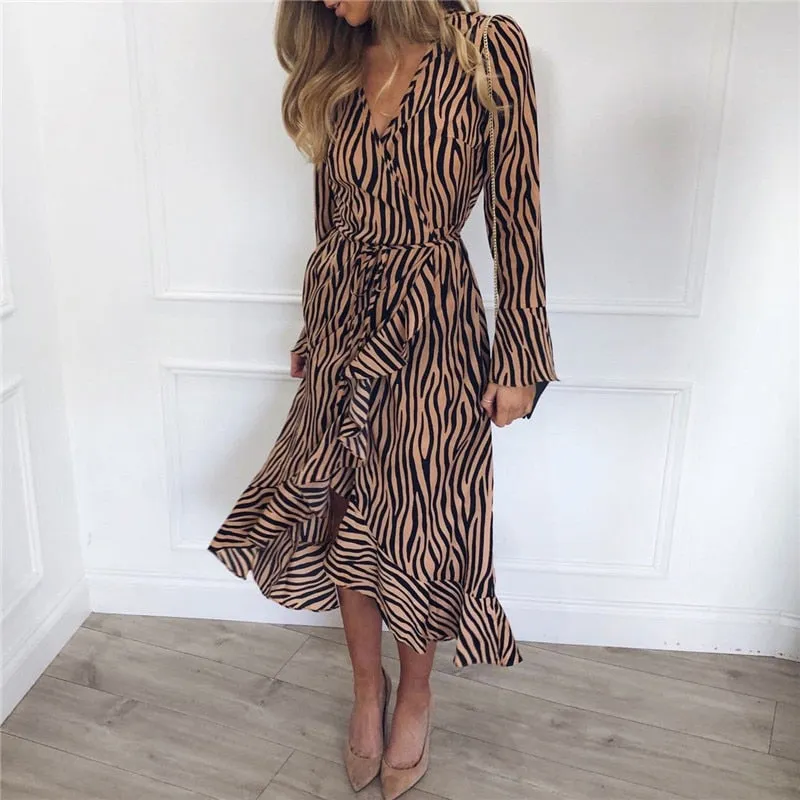 Zebra Print Beach Bohemian Maxi Dress Long Sleeve V Neck Ruffles Elegant Vestidos