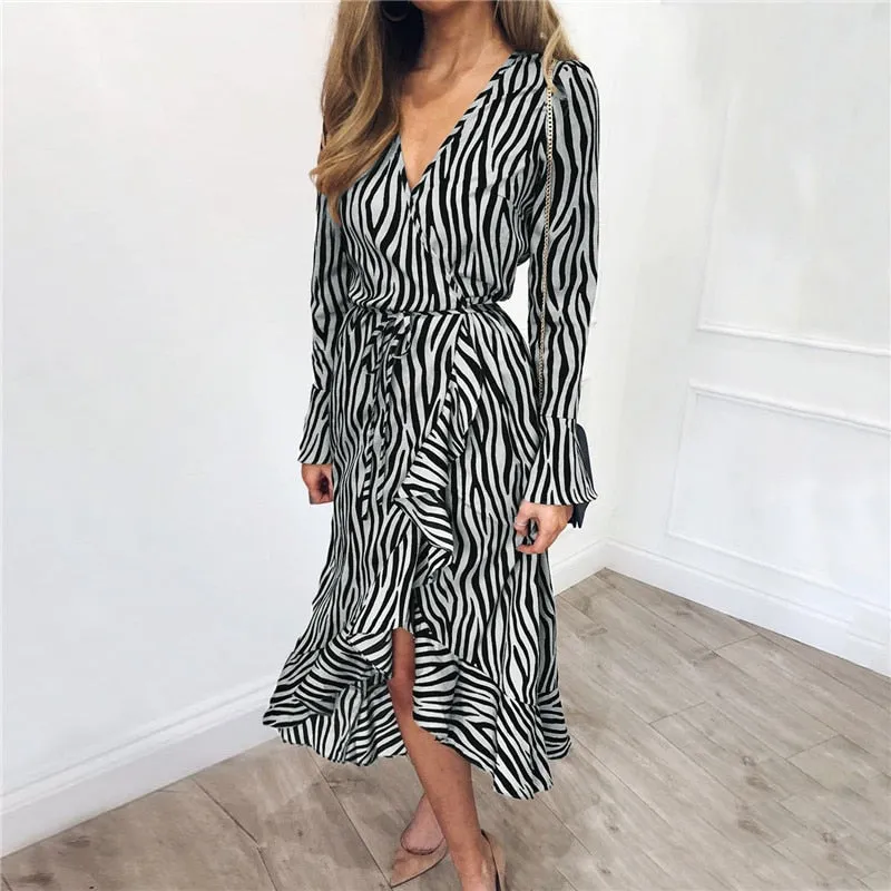 Zebra Print Beach Bohemian Maxi Dress Long Sleeve V Neck Ruffles Elegant Vestidos