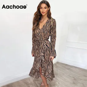 Zebra Print Beach Bohemian Maxi Dress Long Sleeve V Neck Ruffles Elegant Vestidos