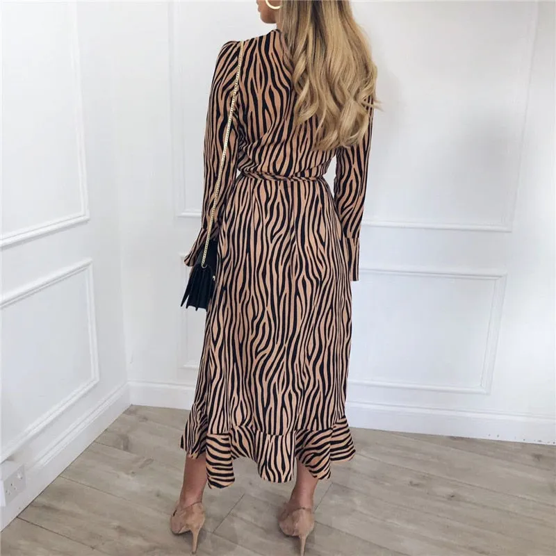 Zebra Print Beach Bohemian Maxi Dress Long Sleeve V Neck Ruffles Elegant Vestidos