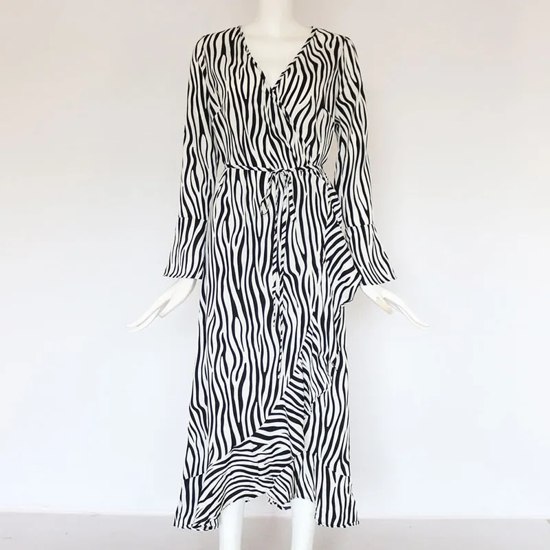 Zebra Print Beach Bohemian Maxi Dress Long Sleeve V Neck Ruffles Elegant Vestidos