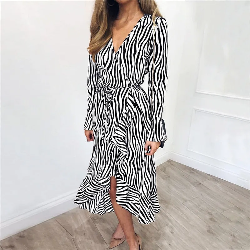 Zebra Print Beach Bohemian Maxi Dress Long Sleeve V Neck Ruffles Elegant Vestidos