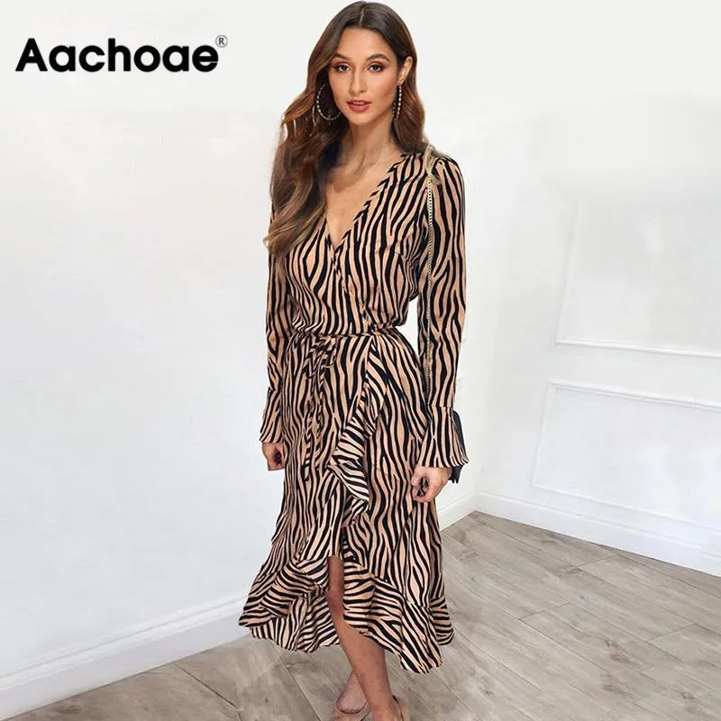 Zebra Print Beach Bohemian Maxi Dress Long Sleeve V Neck Ruffles Elegant Vestidos